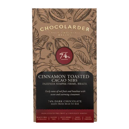 Cinnamon Toasted Nibbed Cacao 74% Dark Chocolate Bar