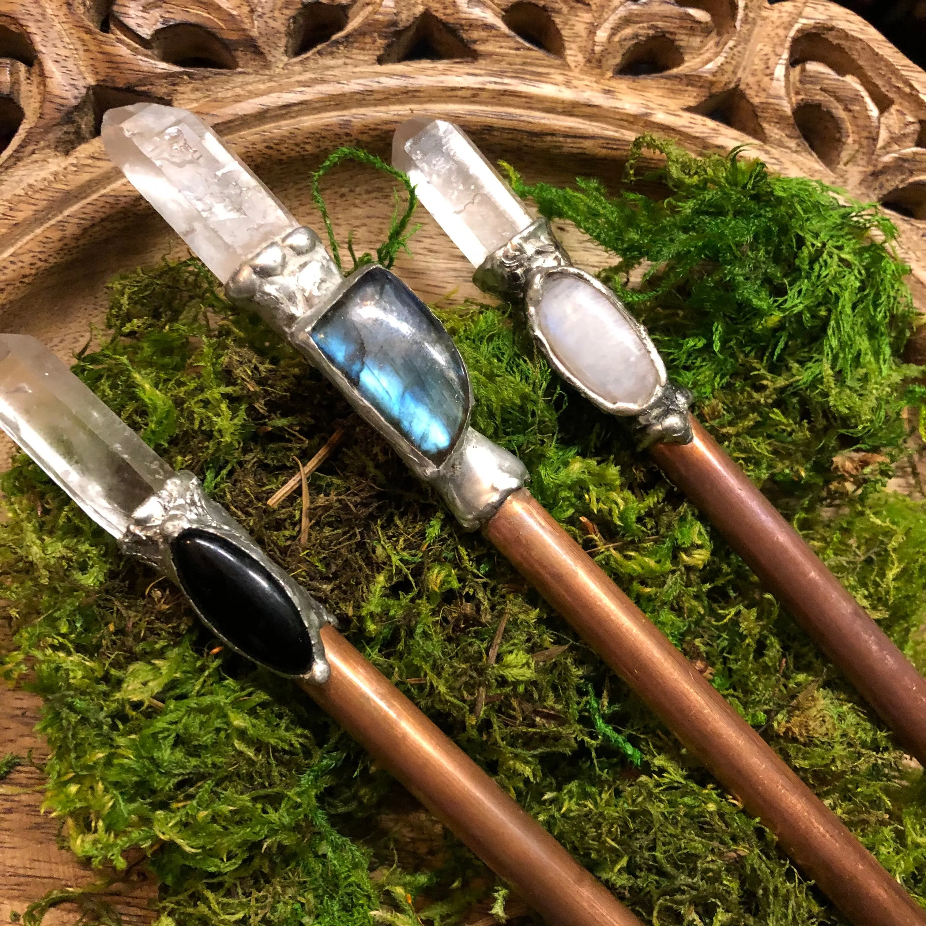 Handcrafted Silver & Copper Pentagram Wand - Clear Quartz and Rainbow Moonstone