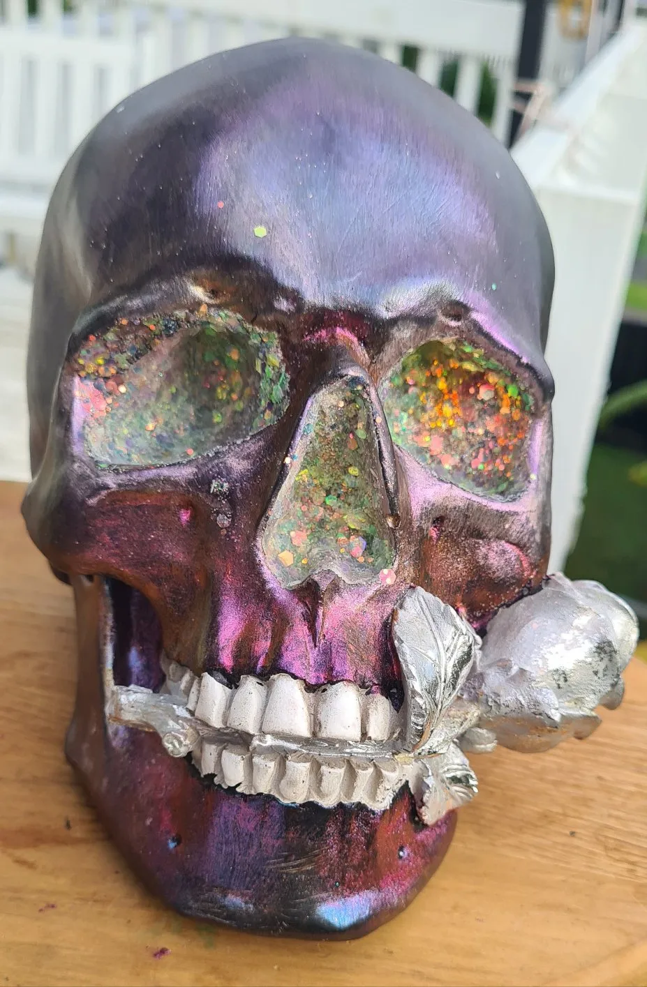METALLIC SKULL & ROSES -painted by me