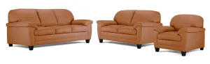 Raphael Leather Sofa, Loveseat and Chair Set- Saddle