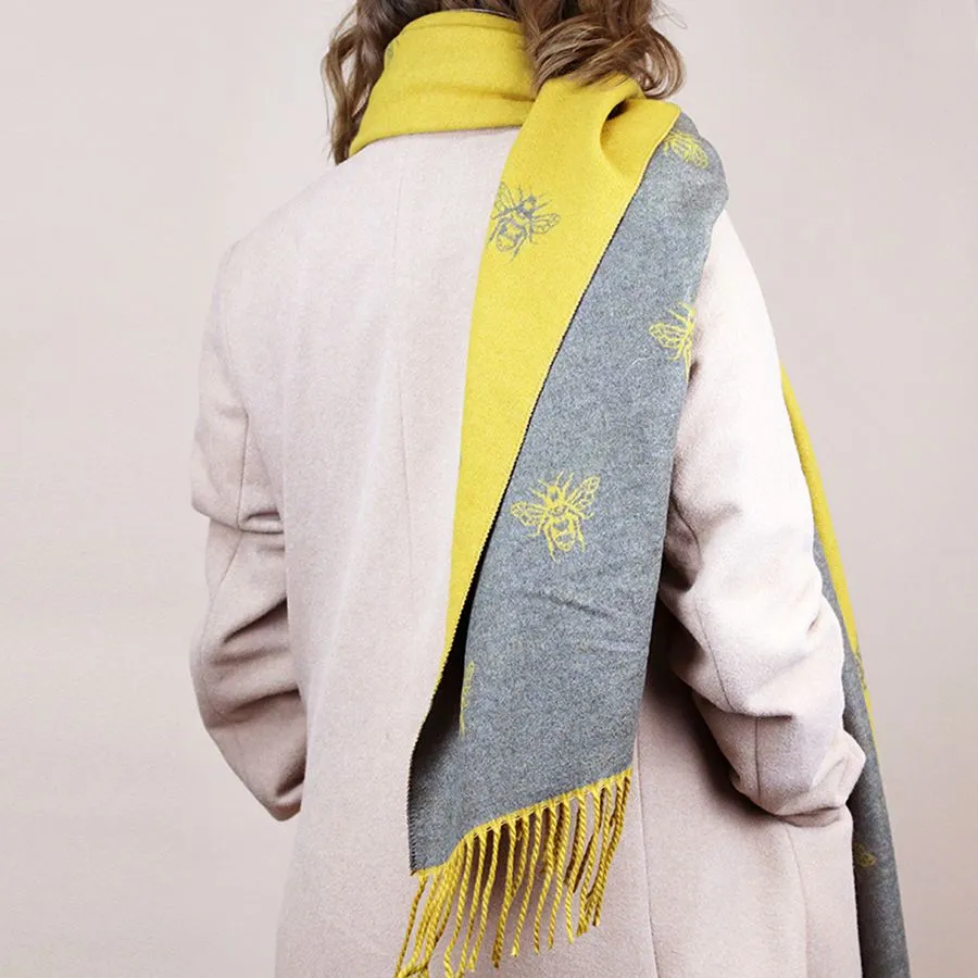 Reversible Jacquard Bee Scarf | Mustard & Grey