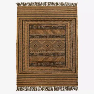 Woven Cotton Kelim Rug - Camel, Black, Olive & Rose