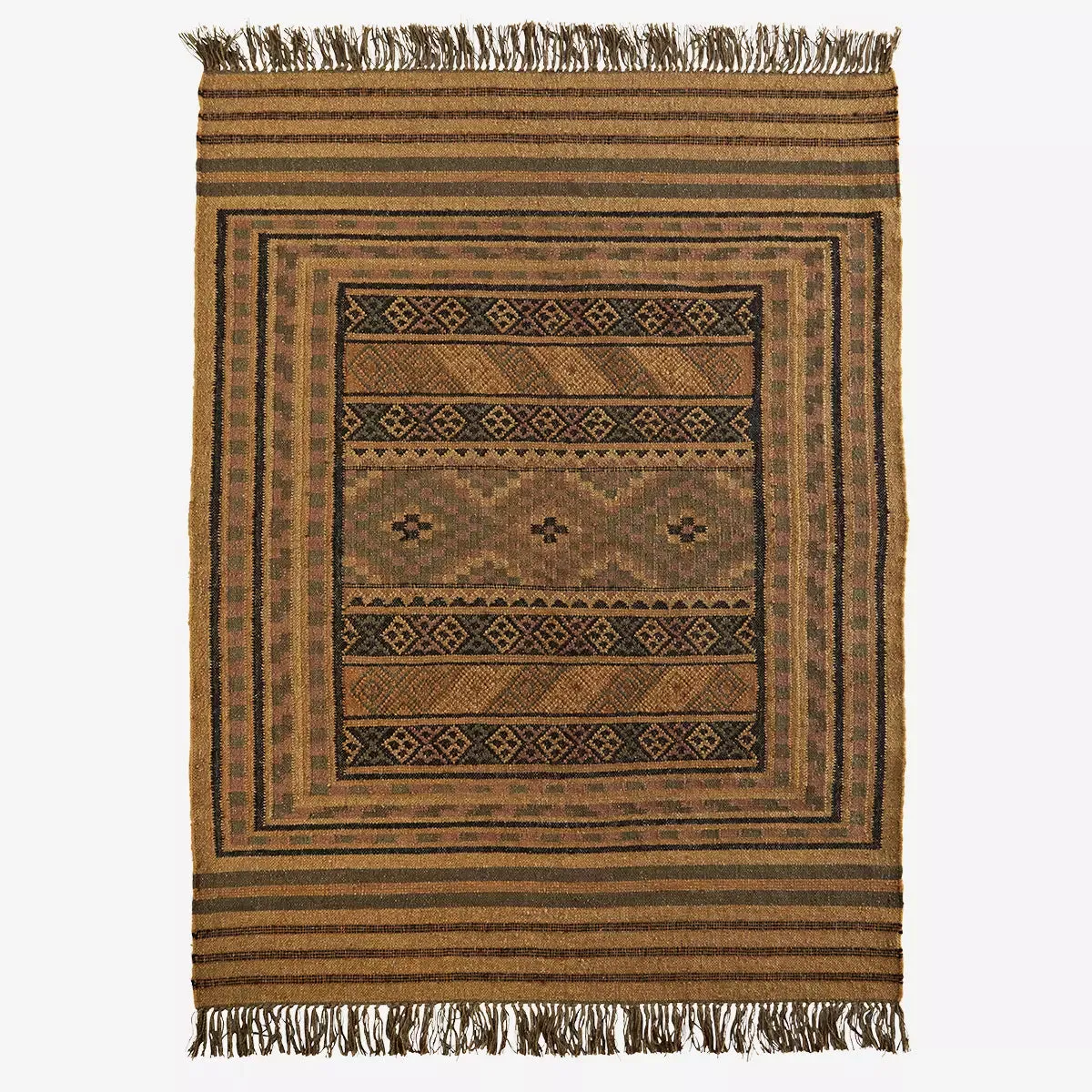 Woven Cotton Kelim Rug - Camel, Black, Olive & Rose