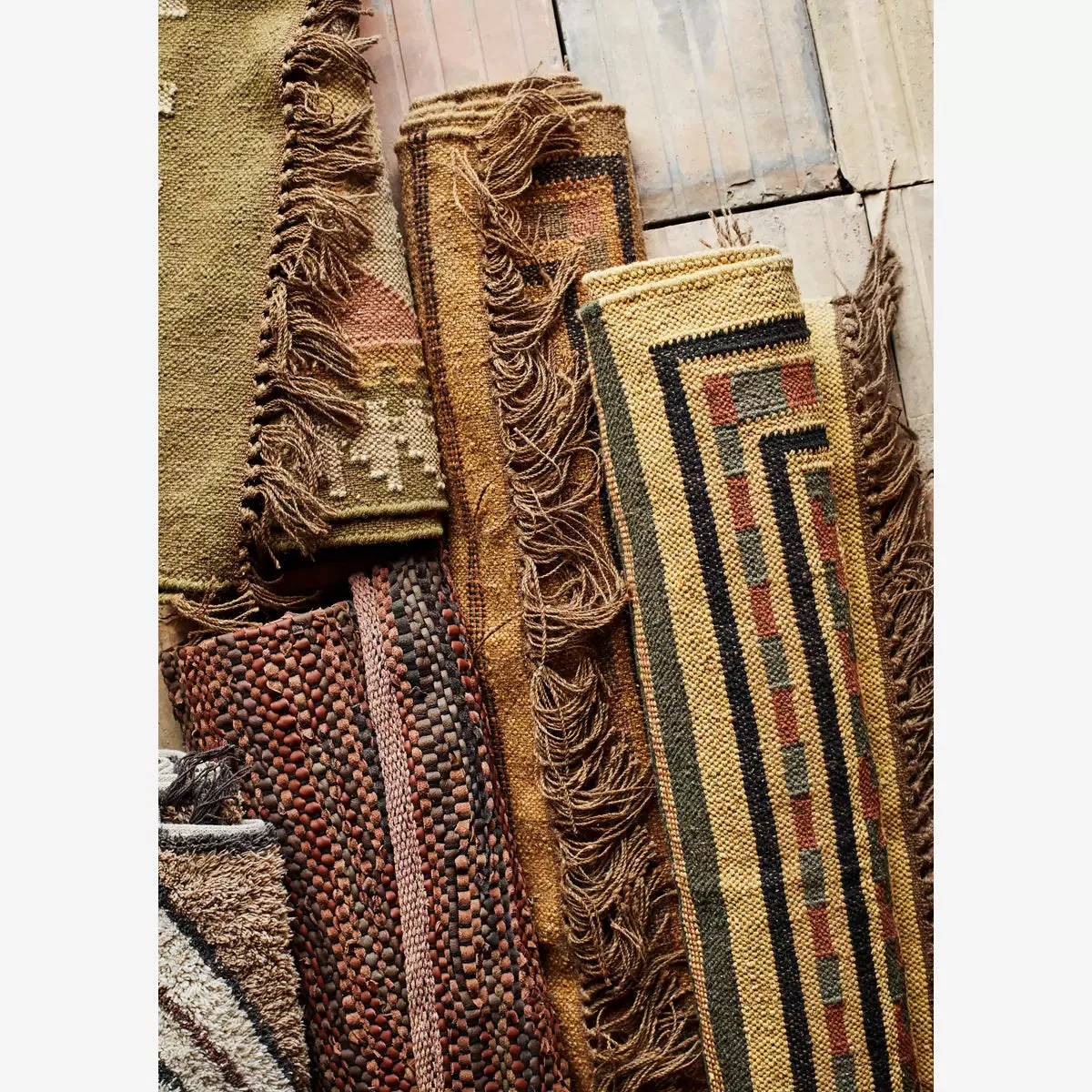 Woven Cotton Kelim Rug - Camel, Black, Olive & Rose